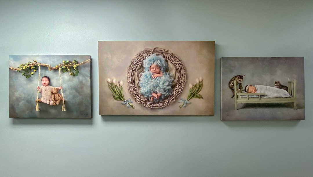 I recently hung this trio of fine art canvases at First Physician's Group on University. I love the blue and cream color harmony and how well it matched the wall color. So many of my clients first see my work in their doctor's office or at the hospital and I am beyond grateful for the opportunity to display my work around the community. Where did you first see a Gigi Fine Art Portraits image? Share with us in the comments!